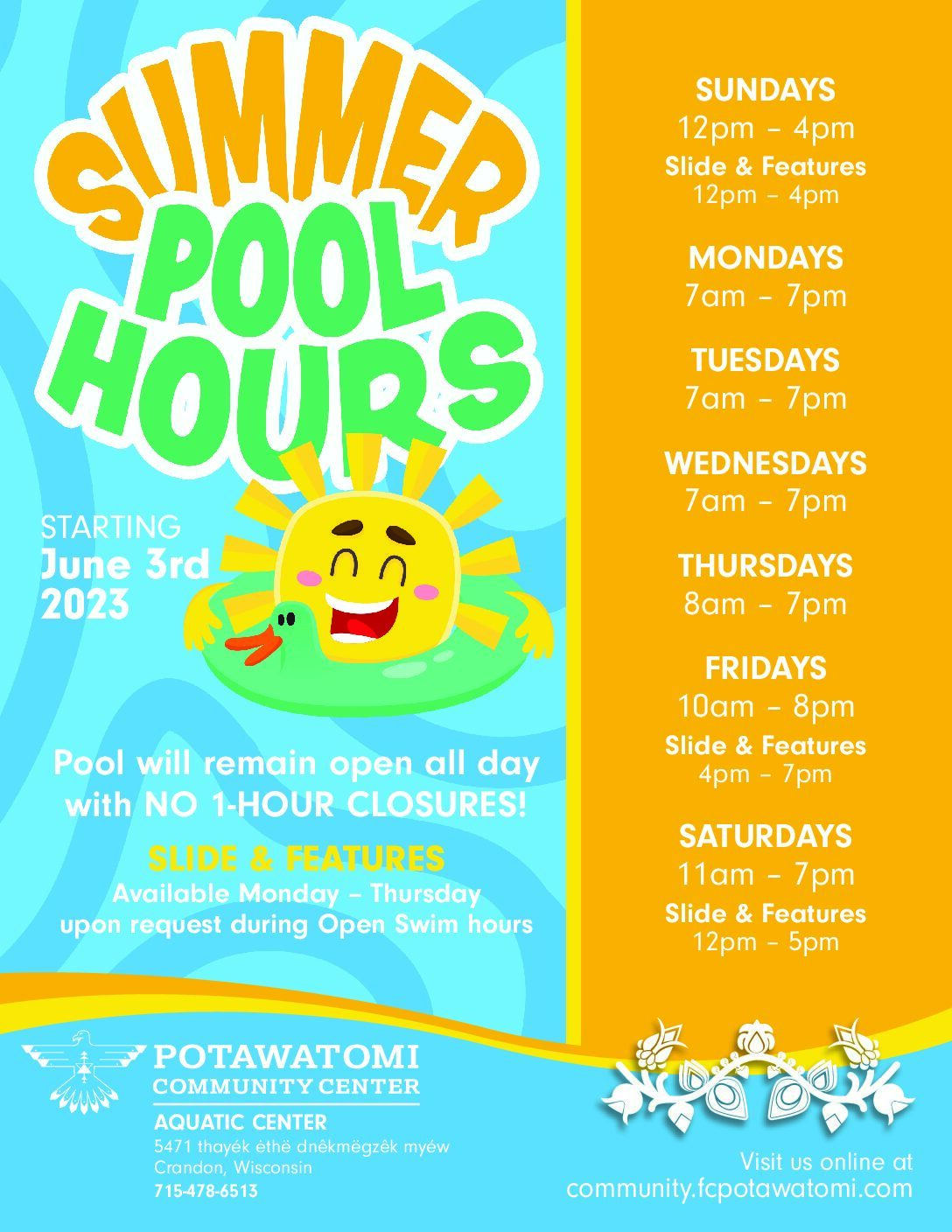 Starting June 3rd, 2023, Pool will remain open all day with NO 1-HOUR CLOSURES!